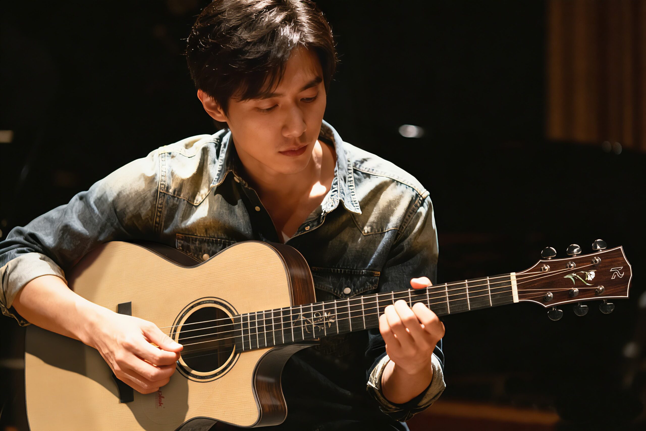 Contestant focused on playing acoustic guitar