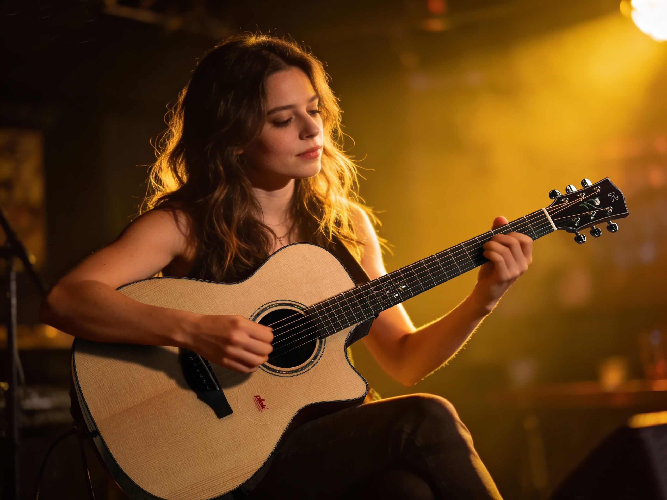 Acoustic guitarist under a spotlight